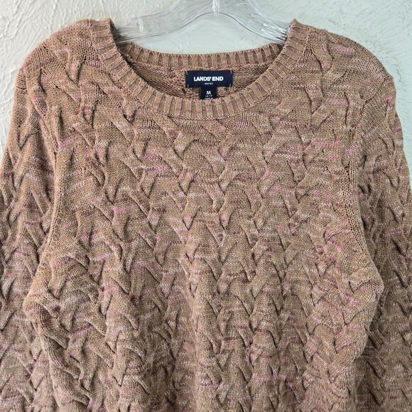 Land's End Drifter Sweater Womens M Brown Chunky Knit Crew Neck Preppy Fishermen - Picture 3 of 14